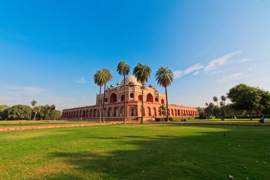 Humayun's tomb of Mughal Emperor Humayun designed by Persian architect Mirak Mirza Ghiyas in New Delhi, India. Tomb was commissioned by Humayun's wife Empress Bega Begum in 1569-70