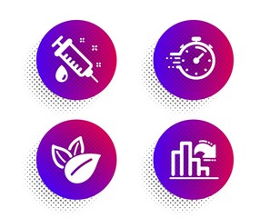 Organic product, Timer and Medical syringe icons simple set. Halftone dots button. Decreasing graph sign. Leaves, Deadline management, Vaccination. Column chart. Science set. Vector
