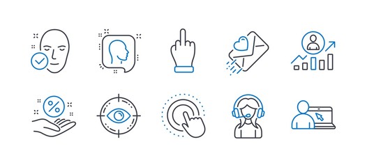 Set of People icons, such as Eye target, Support, Career ladder, Click hand, Head, Health skin, Loan percent, Love letter, Middle finger, Online education line icons. Optometry, Call center. Vector