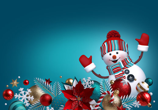 3d snowman, Christmas ornaments, balls, poinsettia flower isolated on blue background. Blank banner, greeting card template, commercial poster mockup. Winter holiday concept