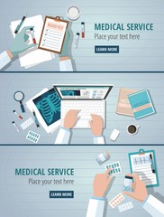 Doctors table workplaces. Medicine concept set web banners. 