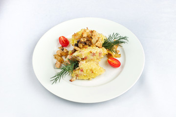 Barley porridge with grilled meat, onions and dill.