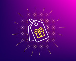 Obraz premium Coupons with Gifts line icon. Halftone pattern. Present box or Sale sign. Birthday Shopping symbol. Package in Gift Wrap. Gradient background. Coupons line icon. Yellow halftone pattern. Vector