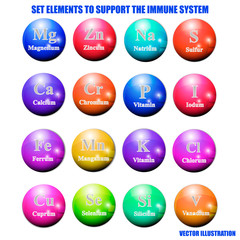 Set elements and vitamins to support immune system. Vector illustration with isolated white background. Magnesium, zinc, sodium, sulfur, calcium, chromium,