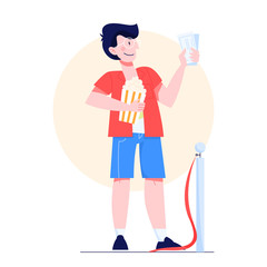 Man in cinema queue holding tickets. Character with popcorn.