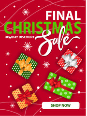 Final Christmas sale with special holiday discounts. Vector colorful boxes with gifts inside and tied with ribbon and bow. Poster with promotion to shop now. Snowflakes with packages on red background