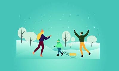 Happy family walking in park. Sleighing and having fun. Christmas holidays and wintertime isolated icon vector.