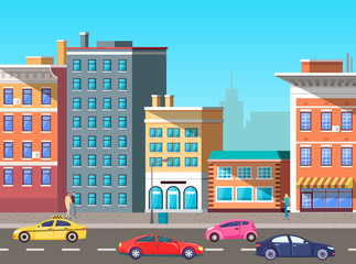 Urban landscape with modern infrastructure, buildings and busy road with cars and vehicles. City transport, traffic on street. Cityscape with houses facades. Highway with colorful cars. Flat cartoon