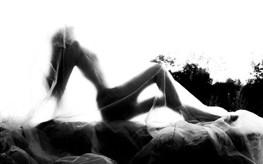 Slender nude girl, covered by a cellophane film, through which only her silhouette is visible and...