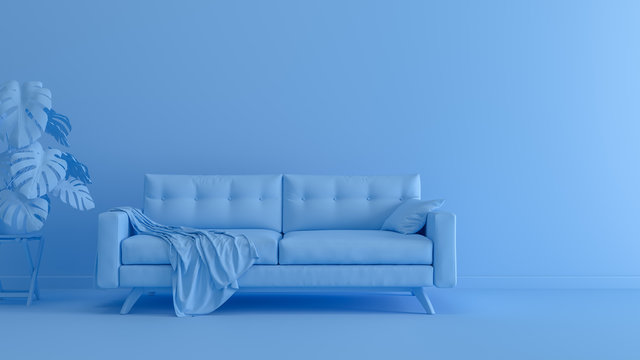 3D Rendering Of Blue Monochrome Space With Sofa