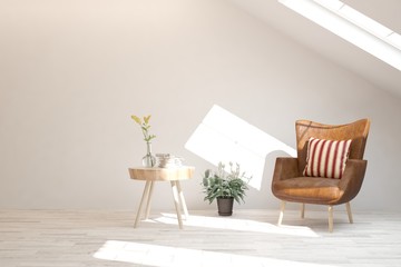 Stylish room in white color with armchair. Scandinavian interior design. 3D illustration