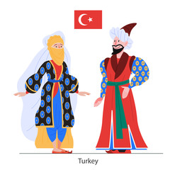 Vector illustration of Turkey citizen in national costume with a flag.