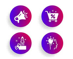 Megaphone, Loan percent and Innovation icons simple set. Halftone dots button. Idea sign. Brand advertisement, Shopping cart, Crowdfunding. Professional job. Business set. Vector