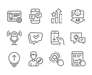 Set of Technology icons, such as Internet report, Seo target, Swipe up, Edit person, Ranking stars, Phone messages, Web settings, Augmented reality, Approved, Scroll down, Idea lamp. Vector