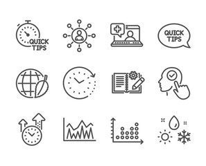 Set of Science icons, such as Weather, Time change, Engineering documentation, Select user, Quick tips, Investment, Networking, Dot plot, Environment day, Medical help, Quickstart guide. Vector