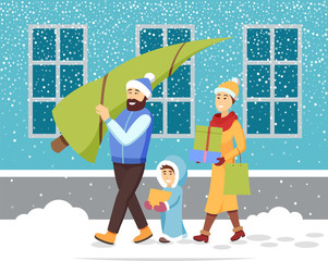 Winter holidays preparation vector, family with purchases from stores. Mother and father with kid returning home from shopping. Bearded man holding pine tree in hands. Snowy weather in city street