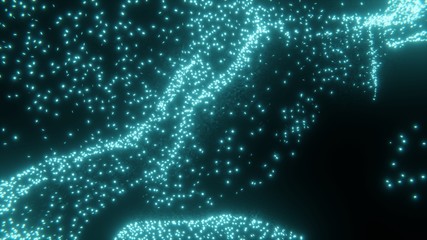 particle digitally generated image of blue light and stripes moving fast over black background