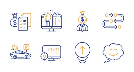 Methodology, Seo and Creative design line icons set. Accounting wealth, Manager and Swipe up signs. Parking security, Speech bubble symbols. Development process, Search engine. Business set. Vector