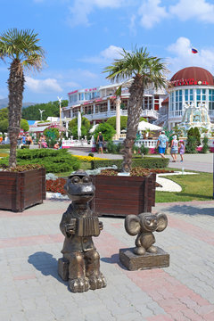 Sculpture of cartoon characters Crocodile Gene and Cheburashka on the waterfront of the Russian resort Kabardinka