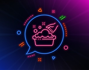 Hand washing line icon. Neon laser lights. Laundry service sign. Clothing cleaner symbol. Glow laser speech bubble. Neon lights chat bubble. Banner badge with hand washing icon. Vector