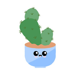 Vector illustration of a textured cactus in a blue pastel plant pot with a cute happy face.
