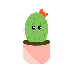Vector illustration of a textured cactus with a flower in a plant pot with a cute happy face.