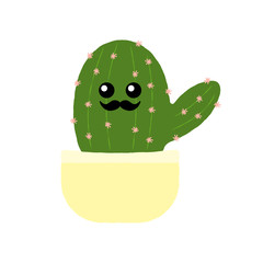 Vector illustration of a textured cactus in a plant pot with a cute happy face and moustache.