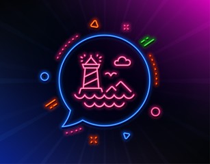 Lighthouse line icon. Neon laser lights. Beacon tower sign. Searchlight building symbol. Glow laser speech bubble. Neon lights chat bubble. Banner badge with lighthouse icon. Vector