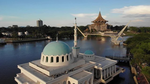 Aerial view of the beautiful floating mosque of Kuching  or also known as masjid india during sunset