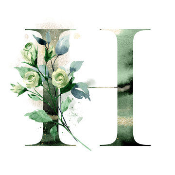 Floral alphabet, letter H with watercolor flowers, leaf and gold splashes. Monogram initials perfectly for design wedding invitations, greeting card, logo. Holiday decoration hand painting.