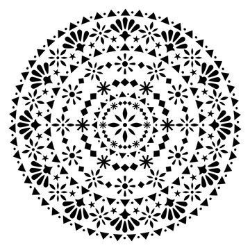 Mexican vector mandala design, monochrome folk art bohemian pattern with flowers and abstract shapes inspired by folk art from Mexico 