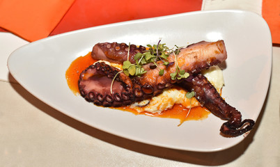 Grilled octopus with mashed potatoes close up. The traditional Mediterranean food.