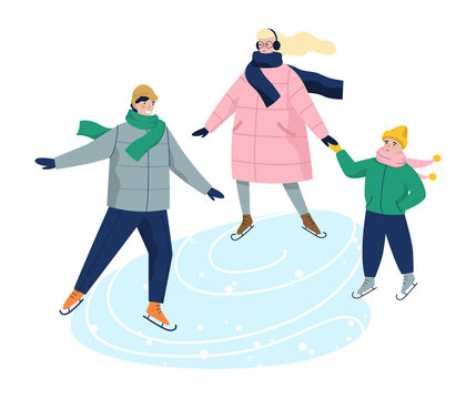 Vector illustration of family ice skating in warm winter clothes