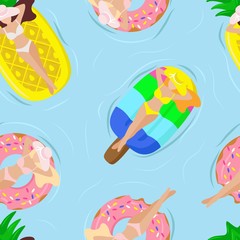 vector illustration pattern people swim in the sea, relax on air mattresses, color sketch, summer