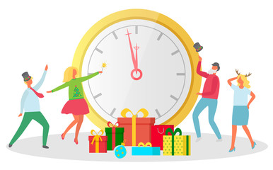 New year celebration vector, isolated character wearing hats with mistletoe. Man and woman dancing celebrating winter holidays. Clock and presents in boxes decorated with ribbons and bows flat style