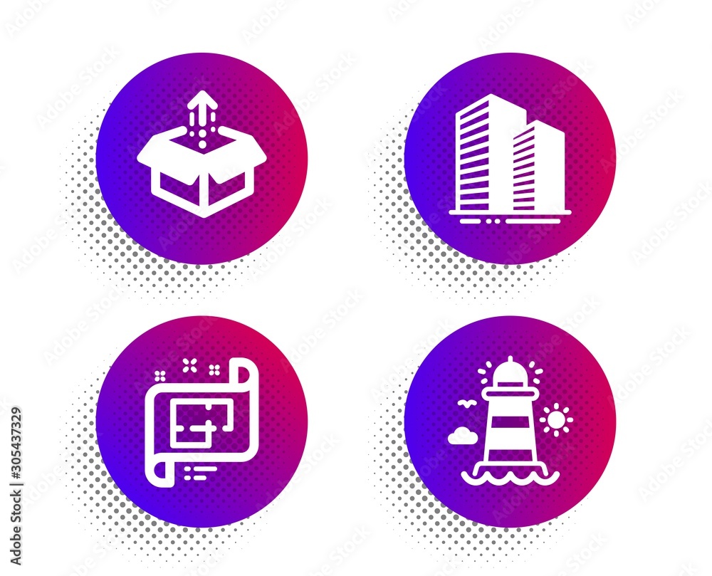 Poster architectural plan, send box and skyscraper buildings icons simple set. halftone dots button. lighth