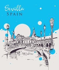 Fototapeta premium Drawing sketch illustration of la Plaza de Espana