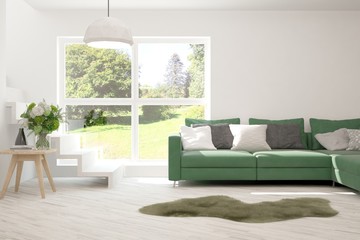 Stylish room in white color with sofa and summer landscape in window. Scandinavian interior design. 3D illustration