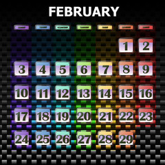Colorful calendar for February 2020 in english. Set of buttons with calendar dates for the month of February. For planning important days. Banners for holidays and special days. Illustration.