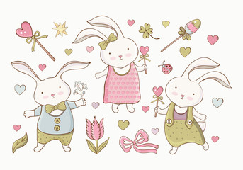 Easter set in vector. artoon Easter bunnies and different items. Little rabbit boy and girl. Vintage hand drawn. Kawaii funny animal. Children s illustration in delicate pastel colors. Baby animals.