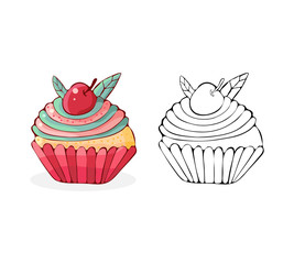 Set cartoon cakes in vector. Hand drawn dessert in vintage style. Cap cake with cream and cherry. Sweet food isolated on white background. Illustration of black line art and colored version.