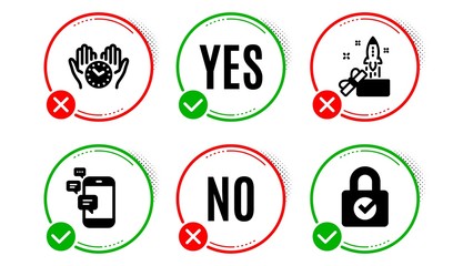 Innovation, Safe time and Communication icons simple set. Yes no check box. Password encryption sign. Crowdfunding, Hold clock, Smartphone messages. Protection locker. Technology set. Vector