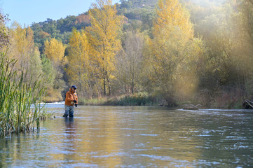 Obraz na płótnie Canvas fly fisherman in river in autumn