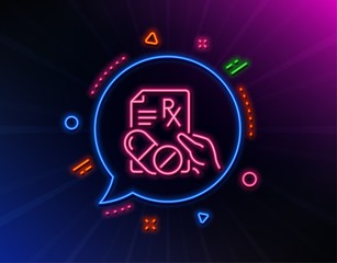 Prescription Rx recipe line icon. Neon laser lights. Medicine drugs pills sign. Glow laser speech bubble. Neon lights chat bubble. Banner badge with prescription drugs icon. Vector