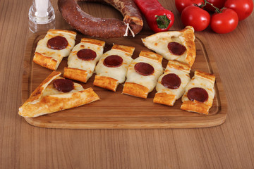 the Photo of Turkish food  pide pizza lahmacun Sausages and cheese for Hotel & Restaurant Orders and Menu and Internet and TV