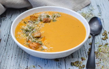 Homemade Butternut Soup in a white Bowl