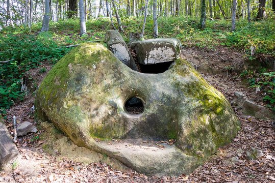 Dolmen in the Svir gorge of Lazarevsky district of Sochi, Russia. 5 November 2019