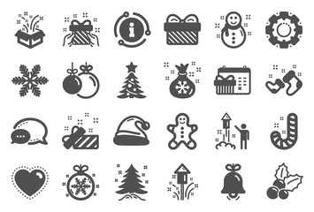 Christmas, New year icons. Santa hat, Gingerbread man and Gift box icons. Fireworks, Snowflake and christmas holly. Snowman, santa socks and Pine tree. New year ball, holiday calendar. Vector