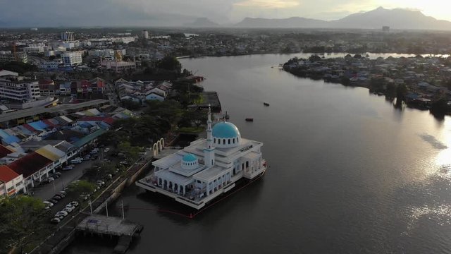 Aerial view of the beautiful floating mosque of Kuching  or also known as masjid india during sunset