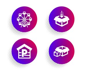 Get box, Parking and Ferris wheel icons simple set. Halftone dots button. Packing boxes sign. Send package, Garage, Attraction park. Delivery package. Transportation set. Vector